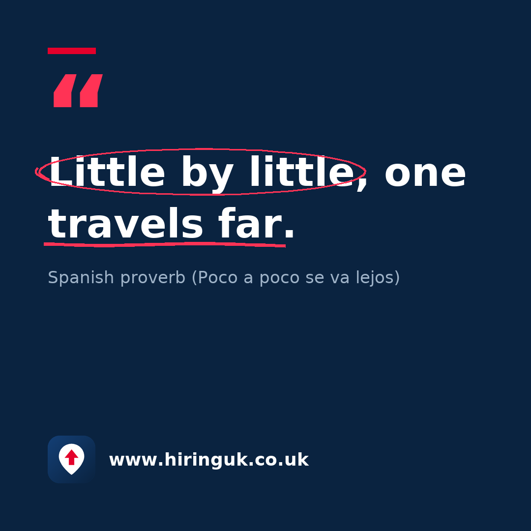 Quote card: Little by little, one travels far.