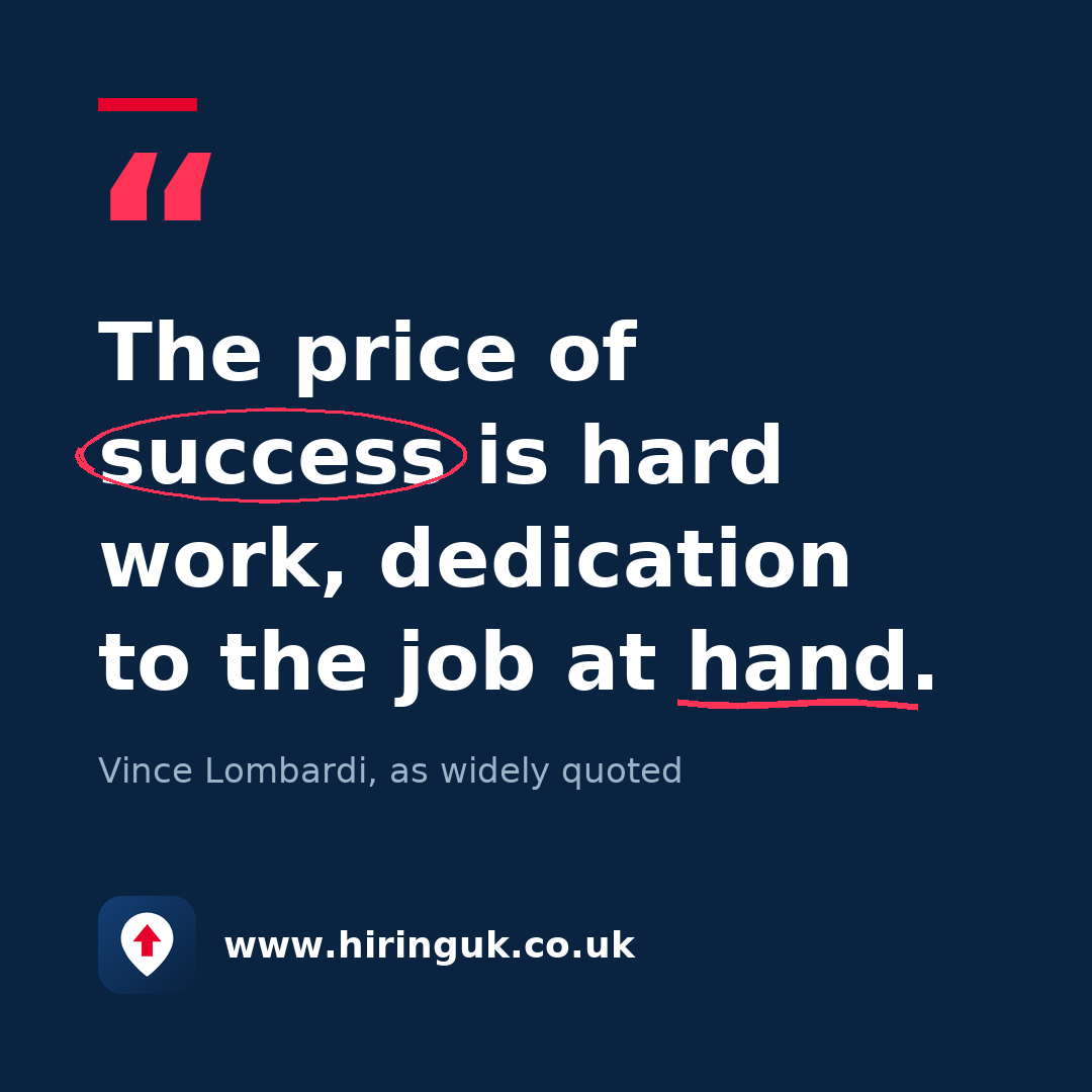 Quote card: The price of success is hard work, dedication to the job at hand.