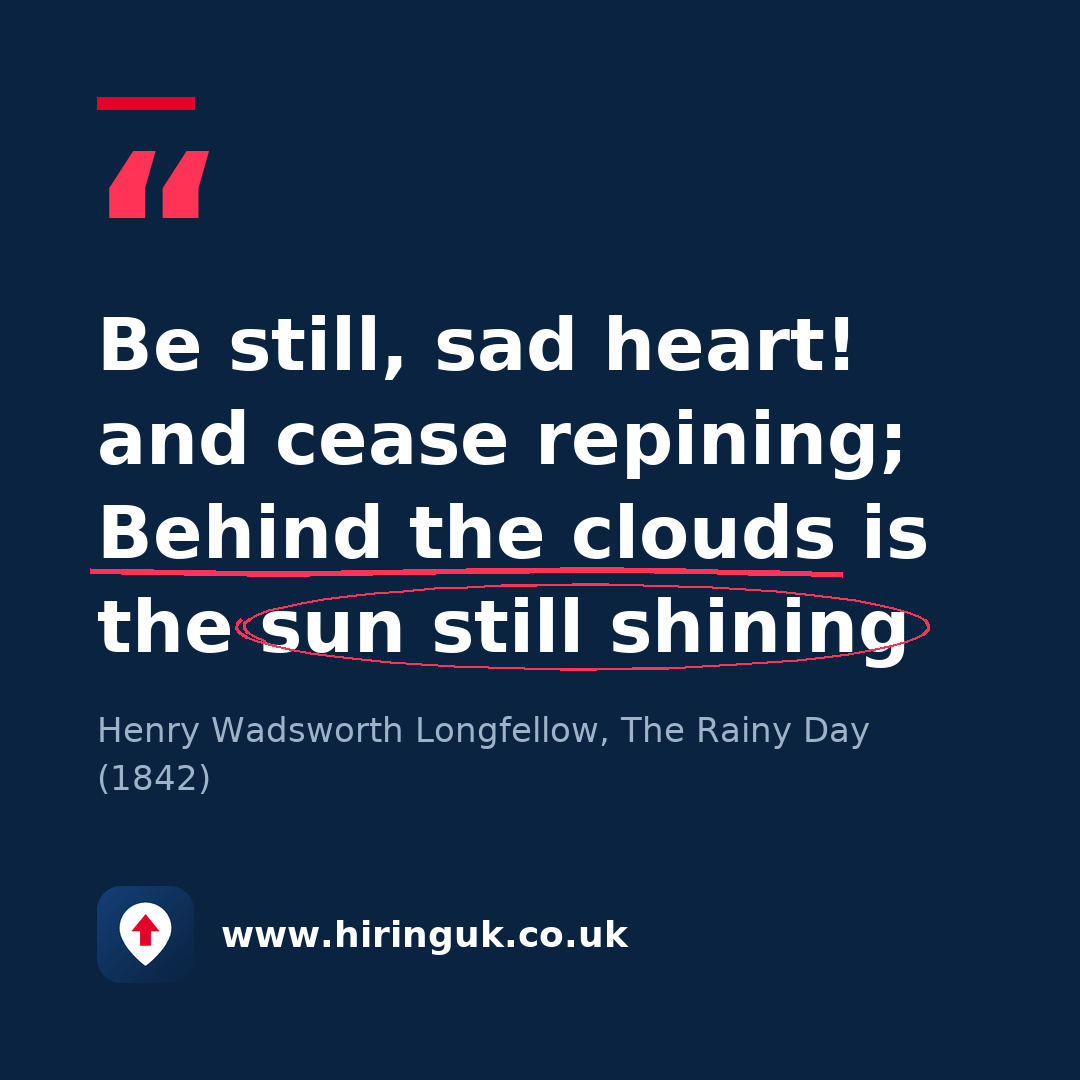 Quote card: Be still, sad heart! and cease repining; Behind the clouds is the sun still shining