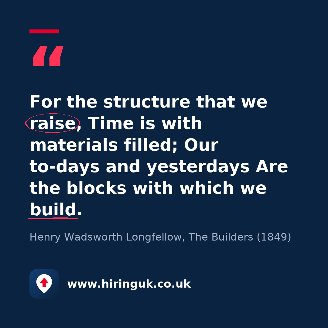 Quote card: For the structure that we raise, Time is with materials filled; Our to-days and yesterdays Are the blocks with which we build.