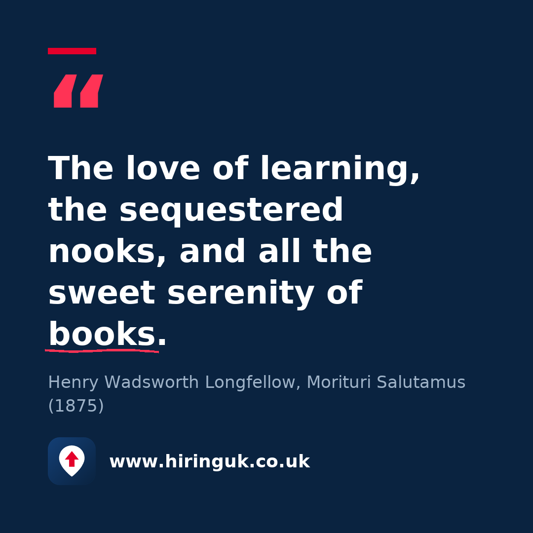 Quote card: The love of learning, the sequestered nooks, and all the sweet serenity of books.