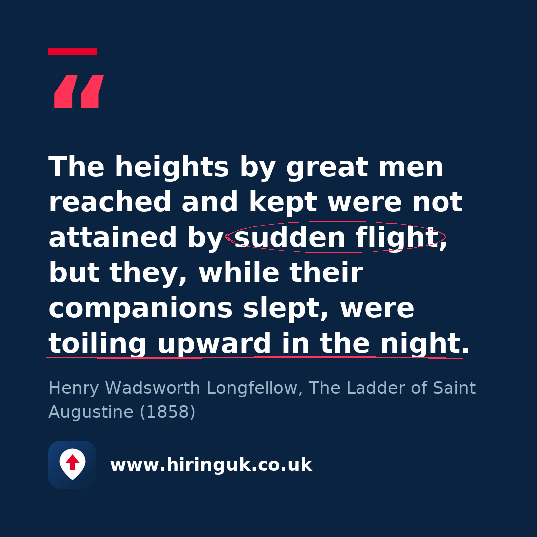 Quote card: The heights by great men reached and kept were not attained by sudden flight, but they, while their companions slept, were toiling upward in the night.