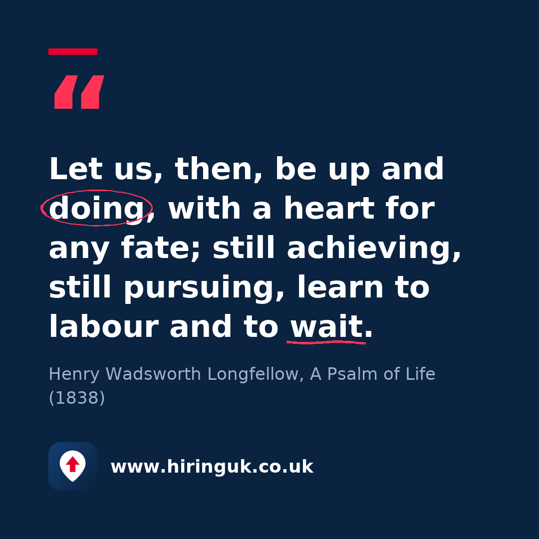 Quote card: Let us, then, be up and doing, with a heart for any fate; still achieving, still pursuing, learn to labour and to wait.