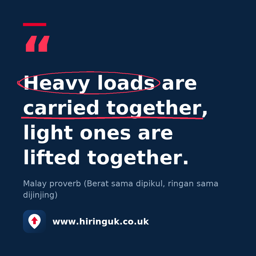 Quote card: Heavy loads are carried together, light ones are lifted together.