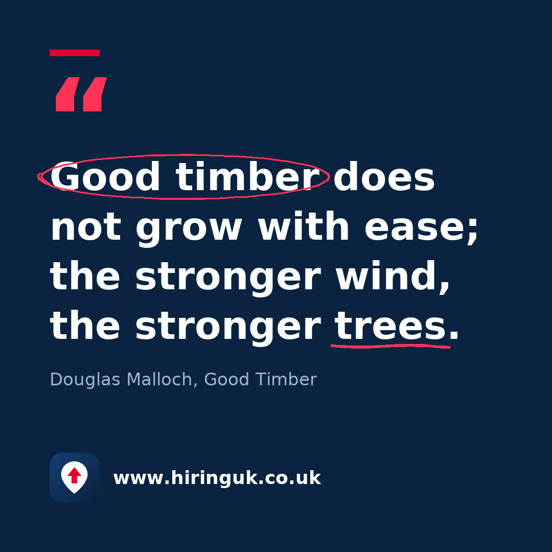 Quote card: Good timber does not grow with ease; the stronger wind, the stronger trees.