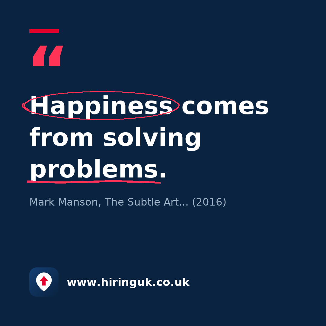 Quote card: Happiness comes from solving problems.