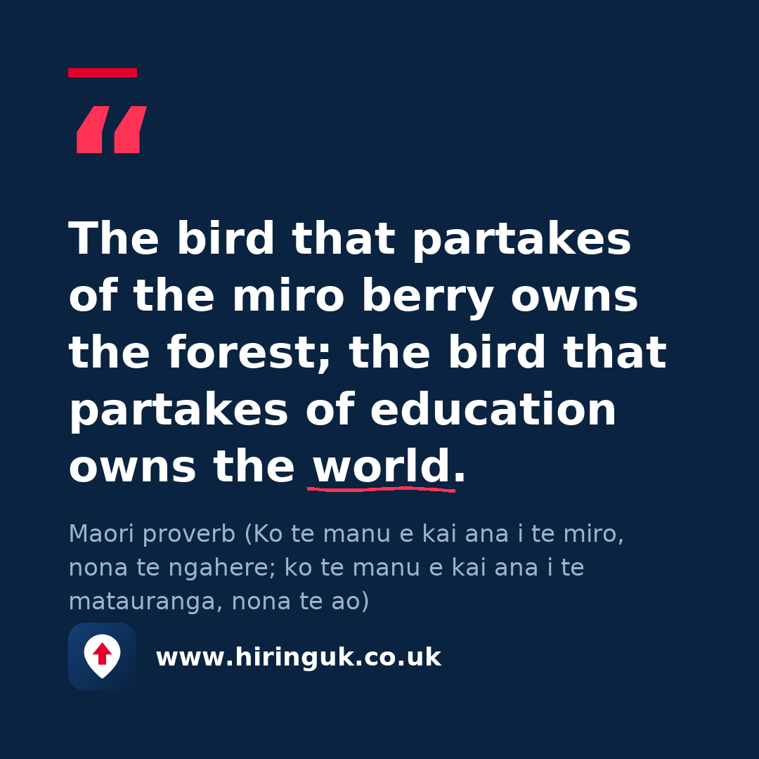 Quote card: The bird that partakes of the miro berry owns the forest; the bird that partakes of education owns the world.