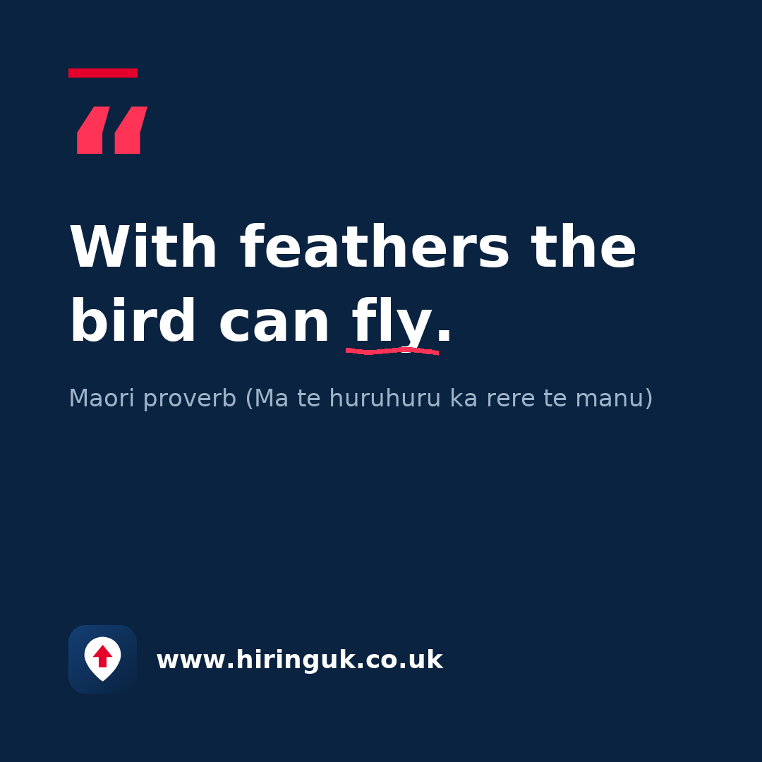 Quote card: With feathers the bird can fly.