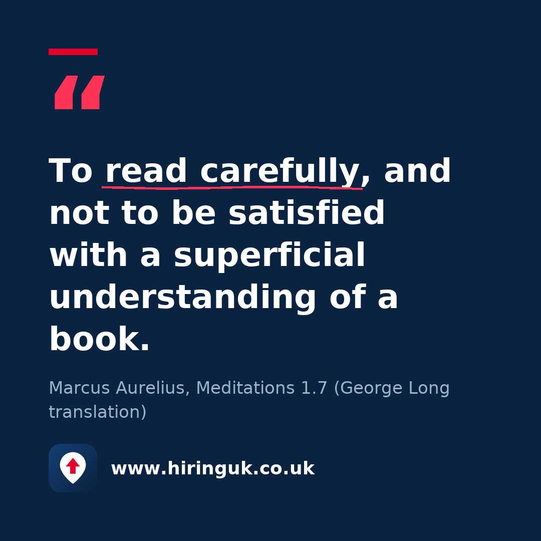 Quote card: To read carefully, and not to be satisfied with a superficial understanding of a book.
