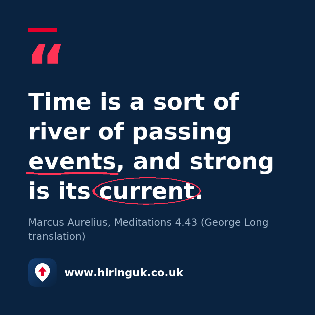 Quote card: Time is a sort of river of passing events, and strong is its current.