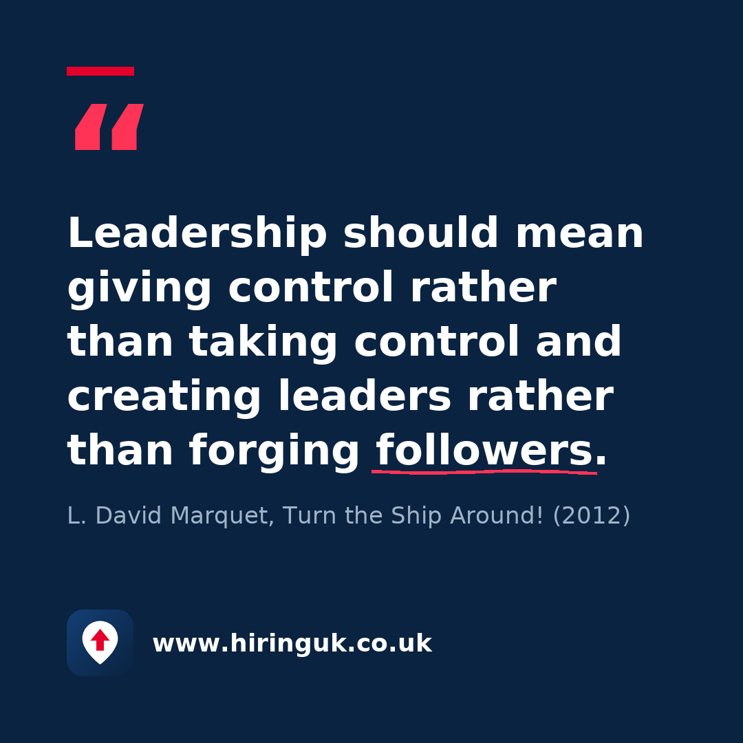 Quote card: Leadership should mean giving control rather than taking control and creating leaders rather than forging followers.