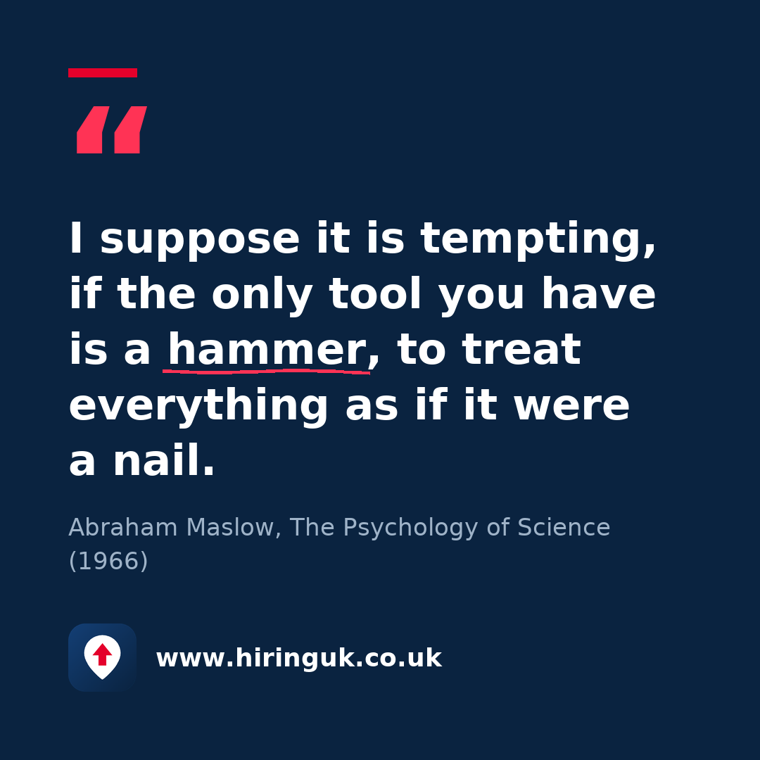 Quote card: I suppose it is tempting, if the only tool you have is a hammer, to treat everything as if it were a nail.