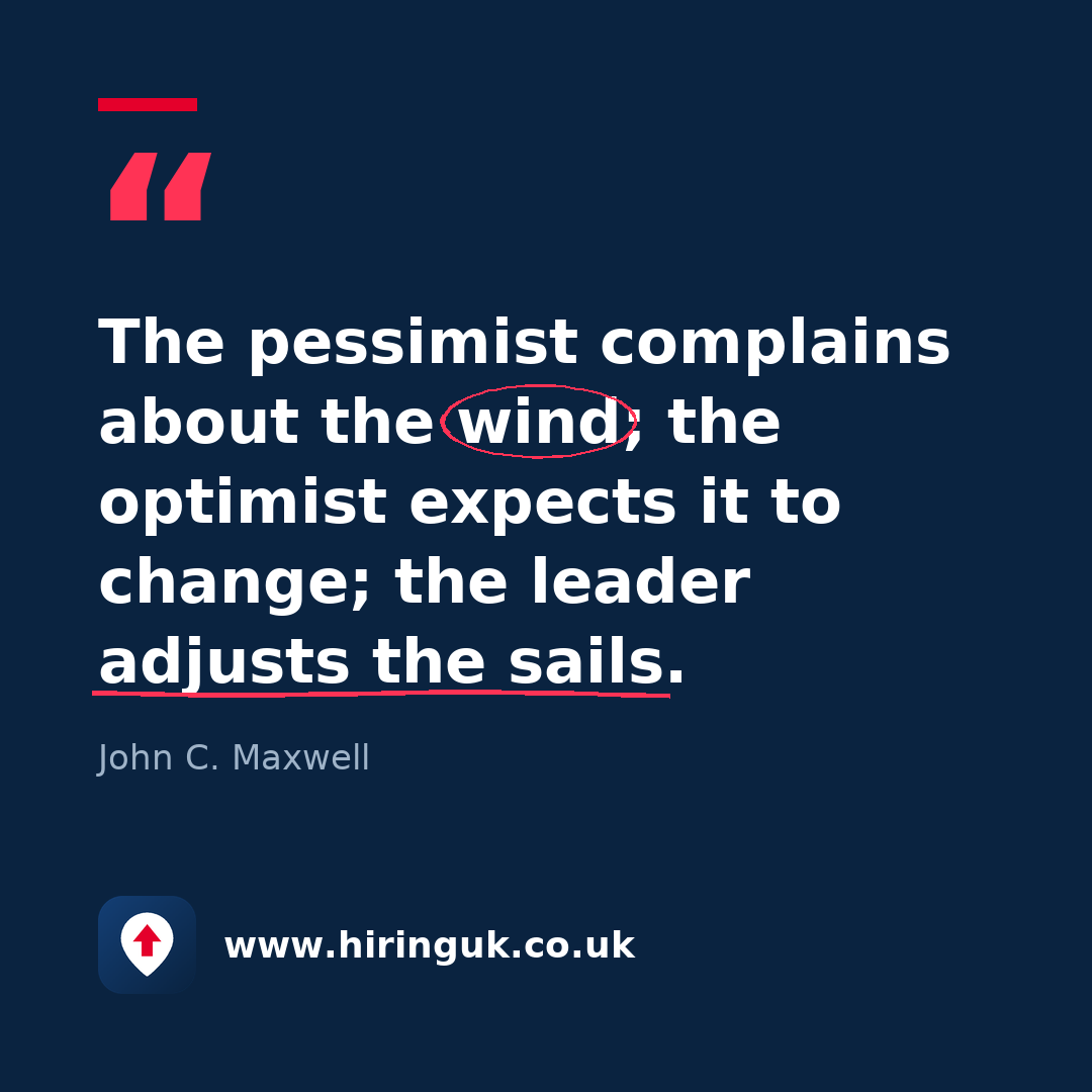 Quote card: The pessimist complains about the wind; the optimist expects it to change; the leader adjusts the sails.