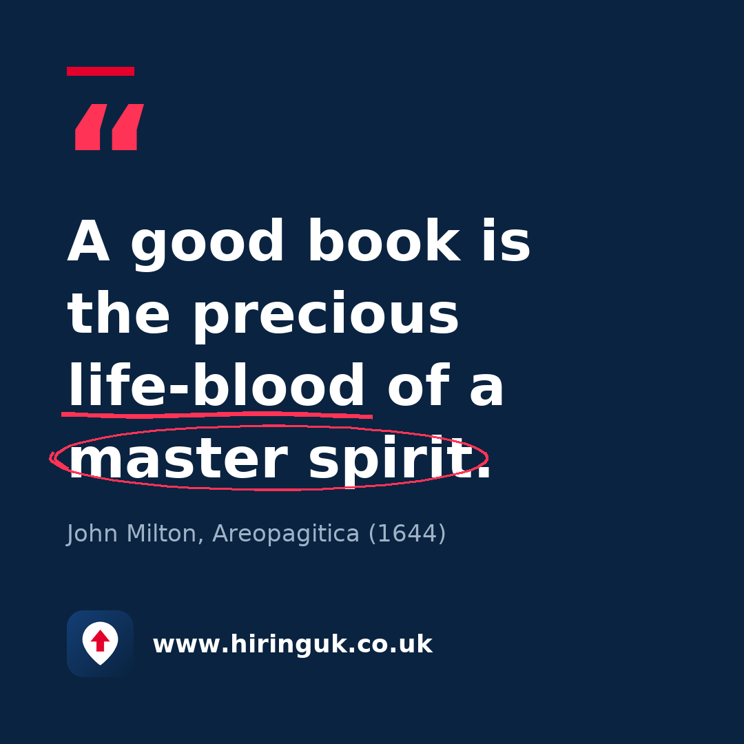 Quote card: A good book is the precious life-blood of a master spirit.