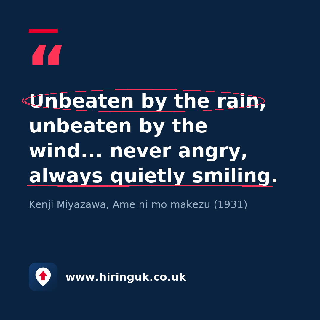 Quote card: Unbeaten by the rain, unbeaten by the wind... never angry, always quietly smiling.