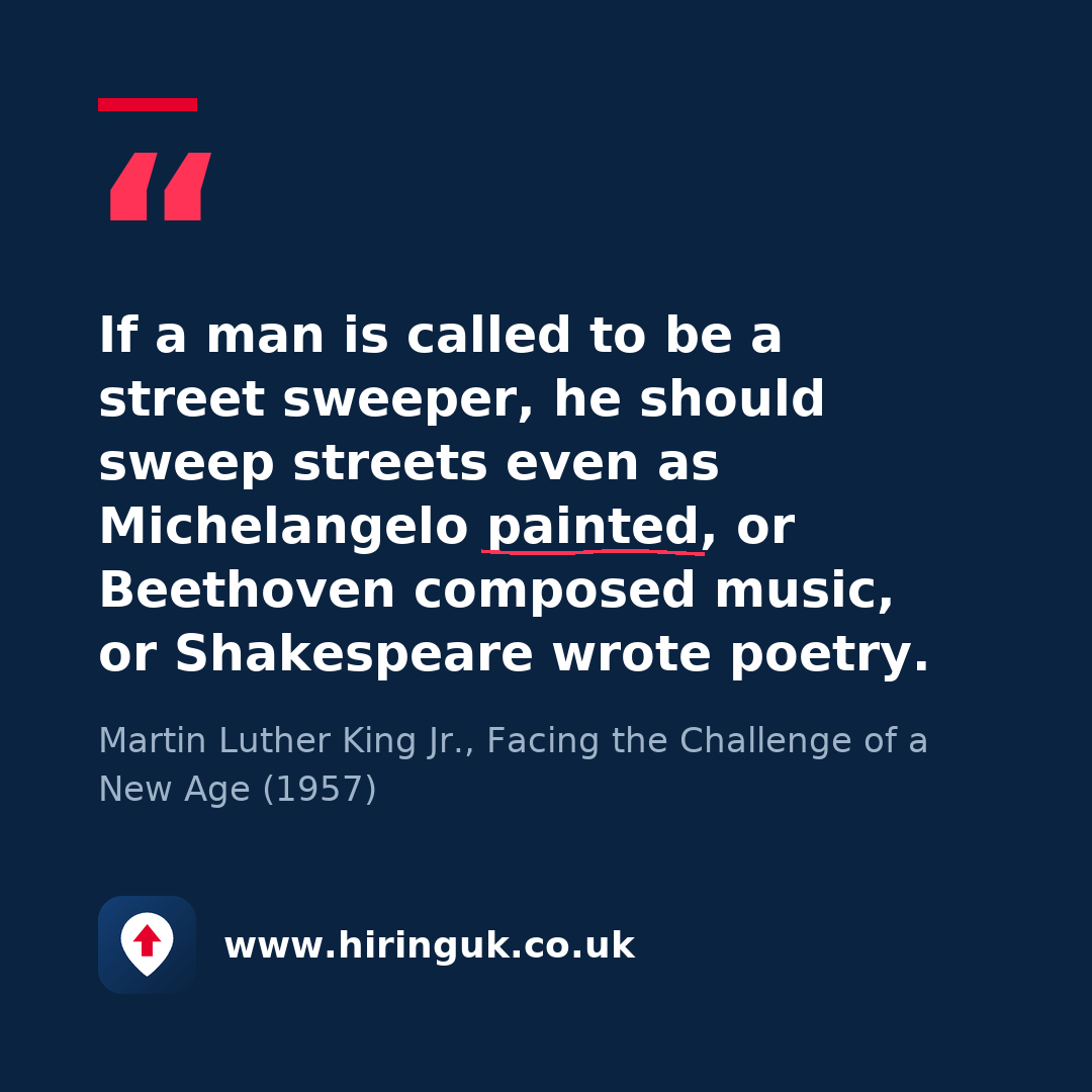 Quote card: If a man is called to be a street sweeper, he should sweep streets even as Michelangelo painted, or Beethoven composed music, or Shakespeare wrote poetry.