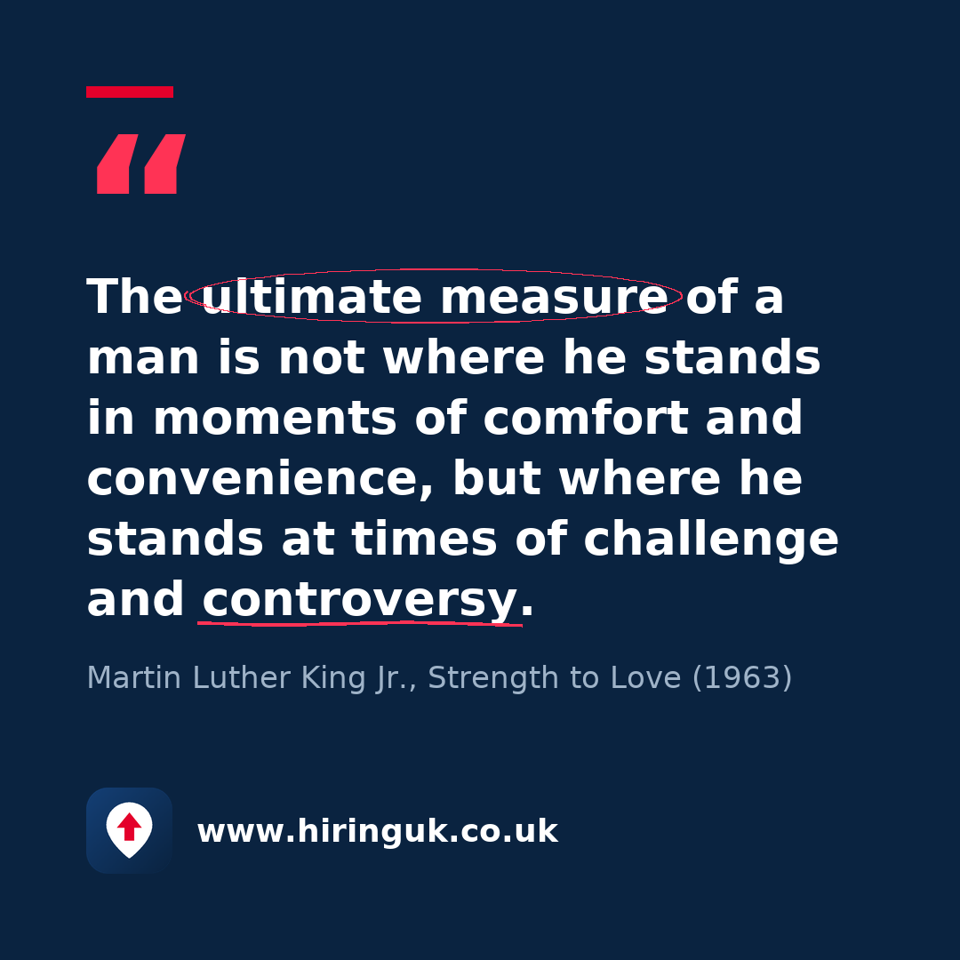 Quote card: The ultimate measure of a man is not where he stands in moments of comfort and convenience, but where he stands at times of challenge and controversy.