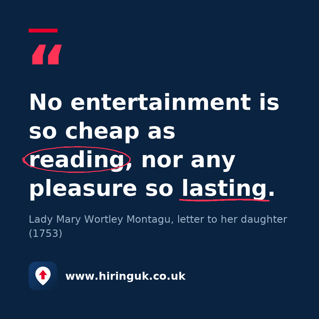 Quote card: No entertainment is so cheap as reading, nor any pleasure so lasting.