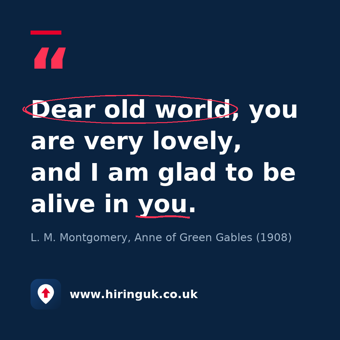 Quote card: Dear old world, you are very lovely, and I am glad to be alive in you.