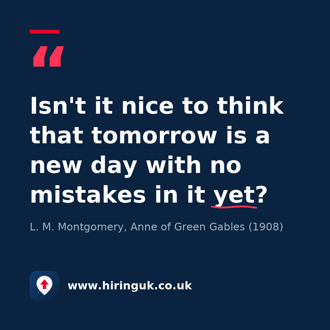 Quote card: Isn't it nice to think that tomorrow is a new day with no mistakes in it yet?