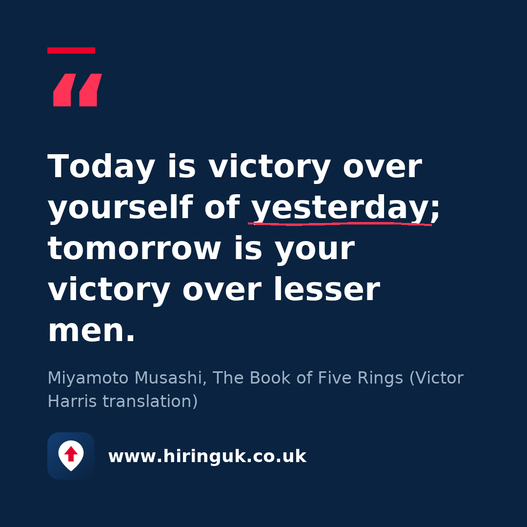 Quote card: Today is victory over yourself of yesterday; tomorrow is your victory over lesser men.