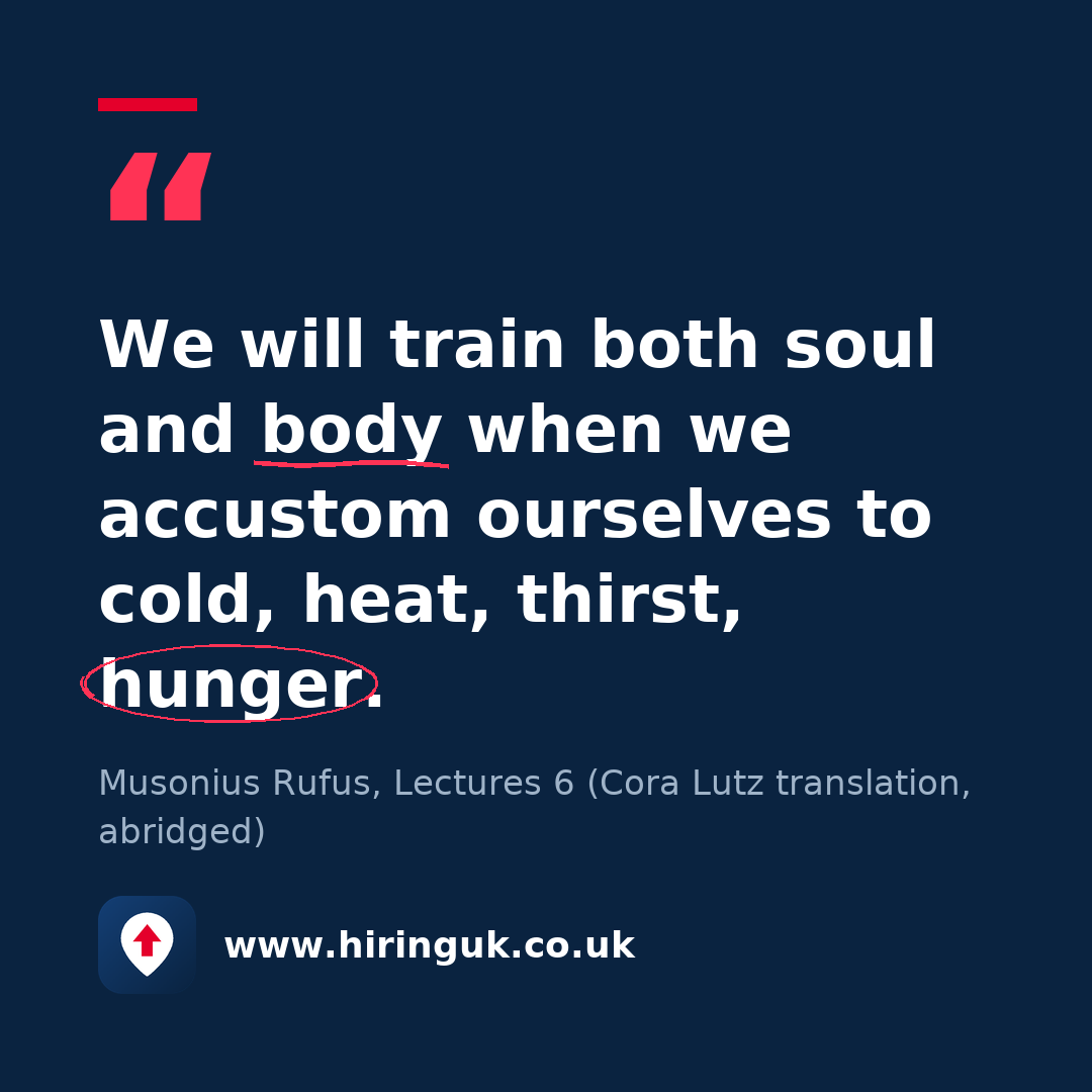 Quote card: We will train both soul and body when we accustom ourselves to cold, heat, thirst, hunger.