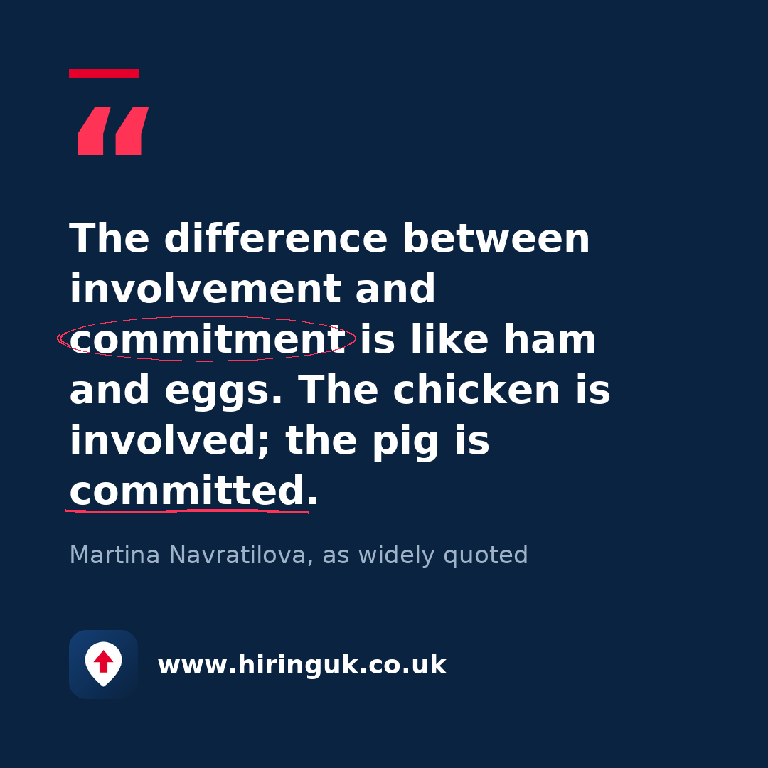 Quote card: The difference between involvement and commitment is like ham and eggs. The chicken is involved; the pig is committed.