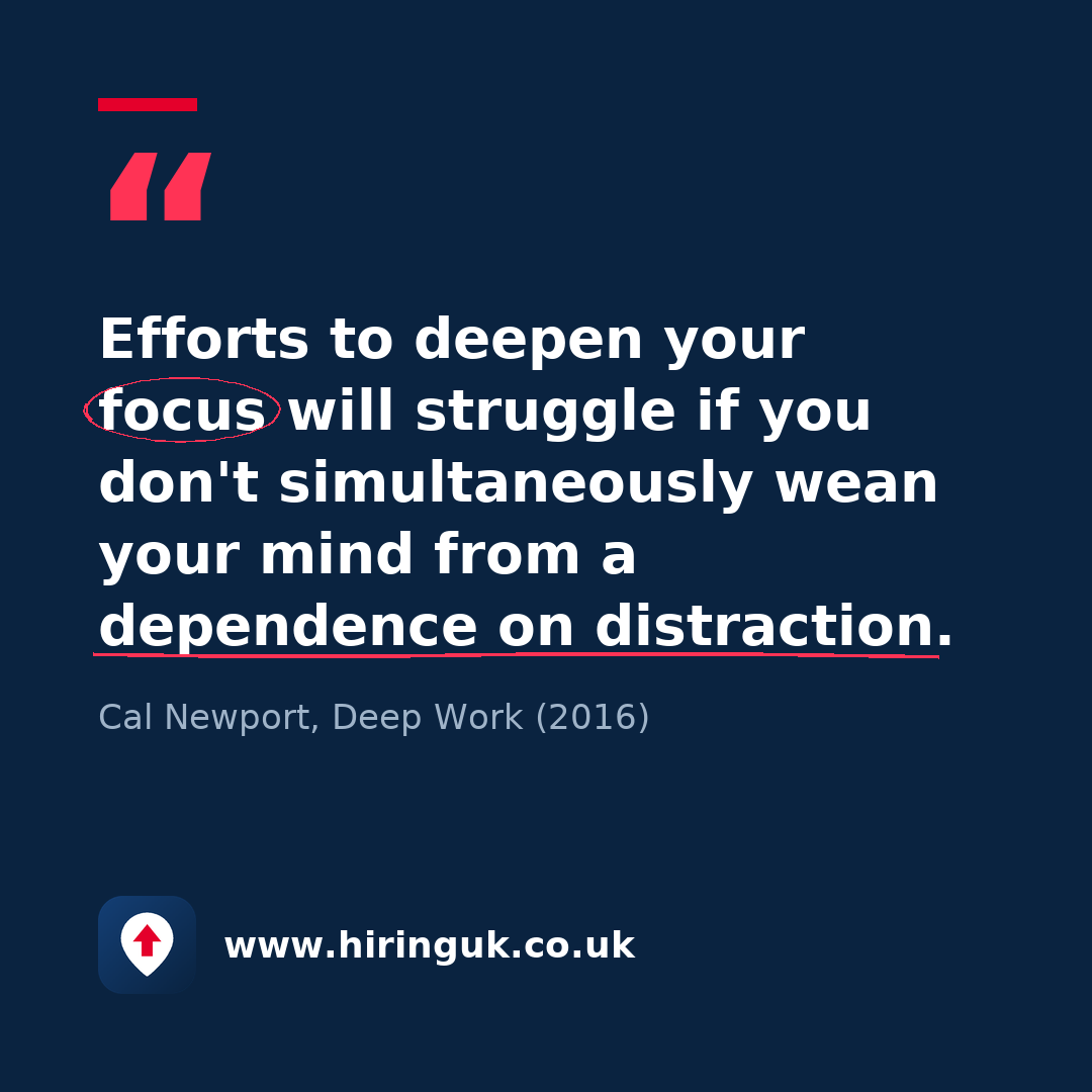 Quote card: Efforts to deepen your focus will struggle if you don't simultaneously wean your mind from a dependence on distraction.