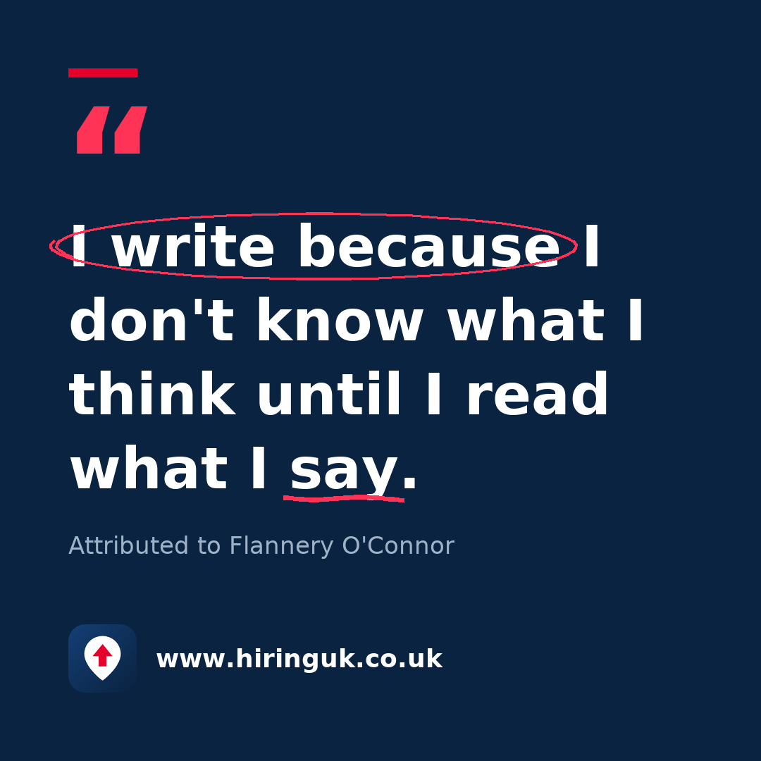Quote card: I write because I don't know what I think until I read what I say.