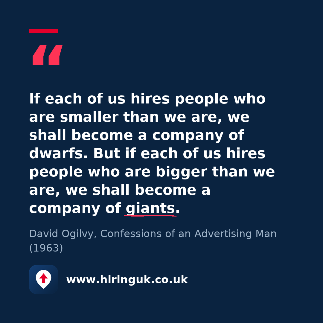 Quote card: If each of us hires people who are smaller than we are, we shall become a company of dwarfs. But if each of us hires people who are bigger than we are, we shall become a company of giants.
