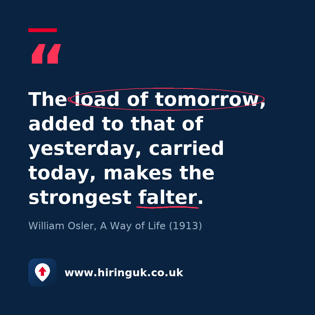 Quote card: The load of tomorrow, added to that of yesterday, carried today, makes the strongest falter.