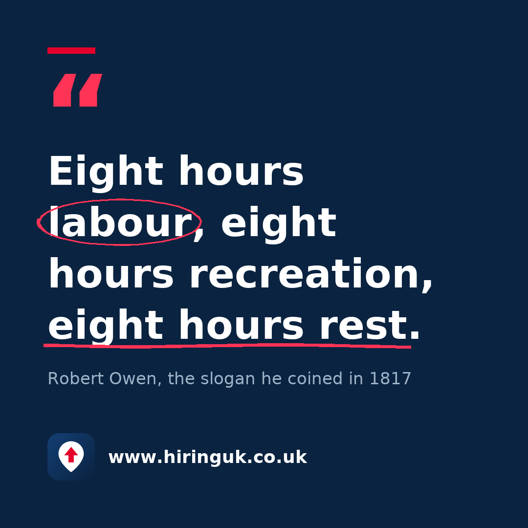 Quote card: Eight hours labour, eight hours recreation, eight hours rest.