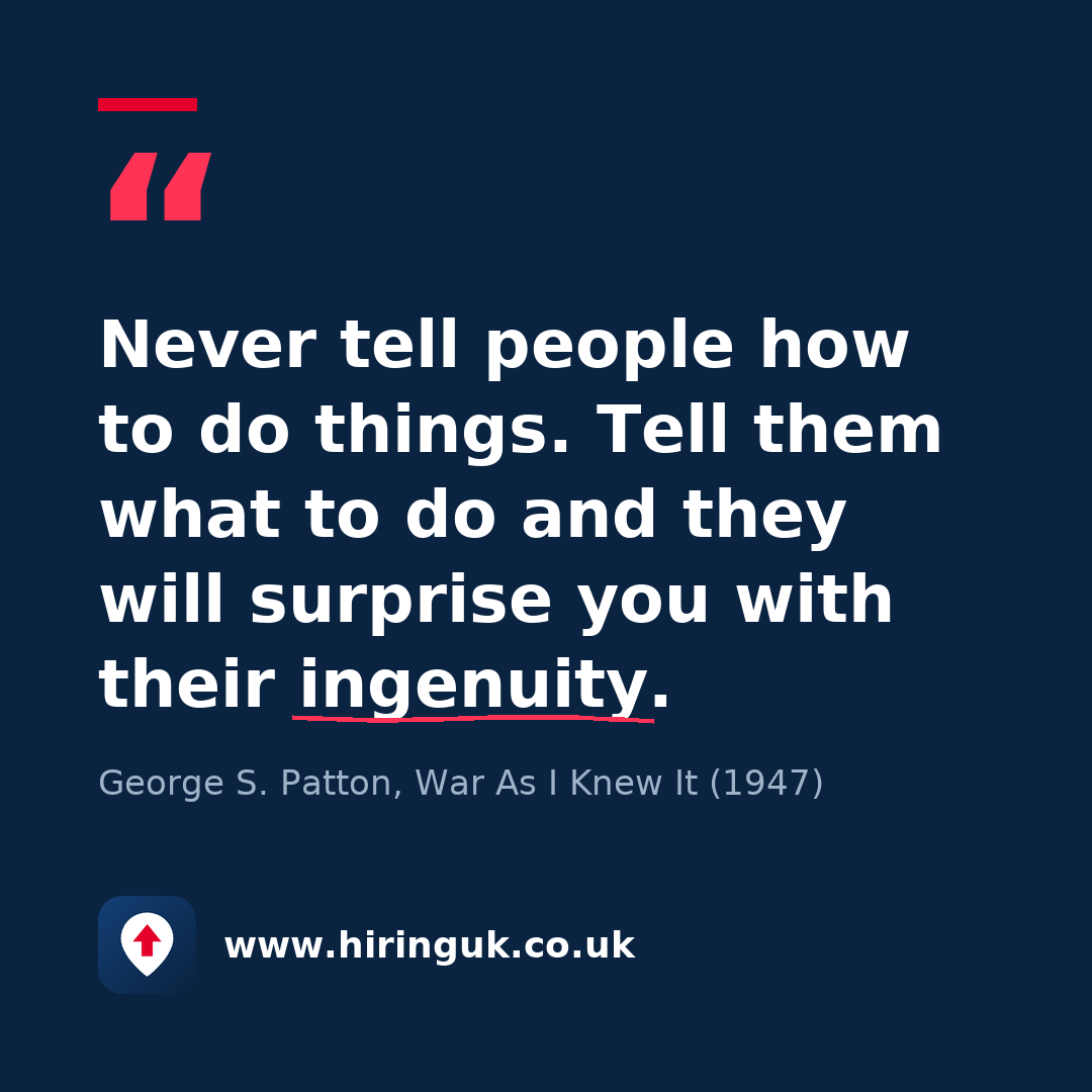 Quote card: Never tell people how to do things. Tell them what to do and they will surprise you with their ingenuity.