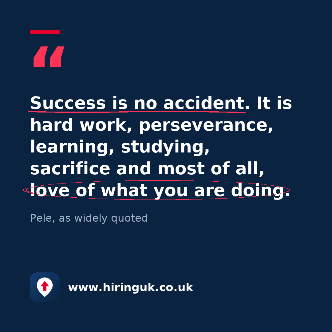 Quote card: Success is no accident. It is hard work, perseverance, learning, studying, sacrifice and most of all, love of what you are doing.