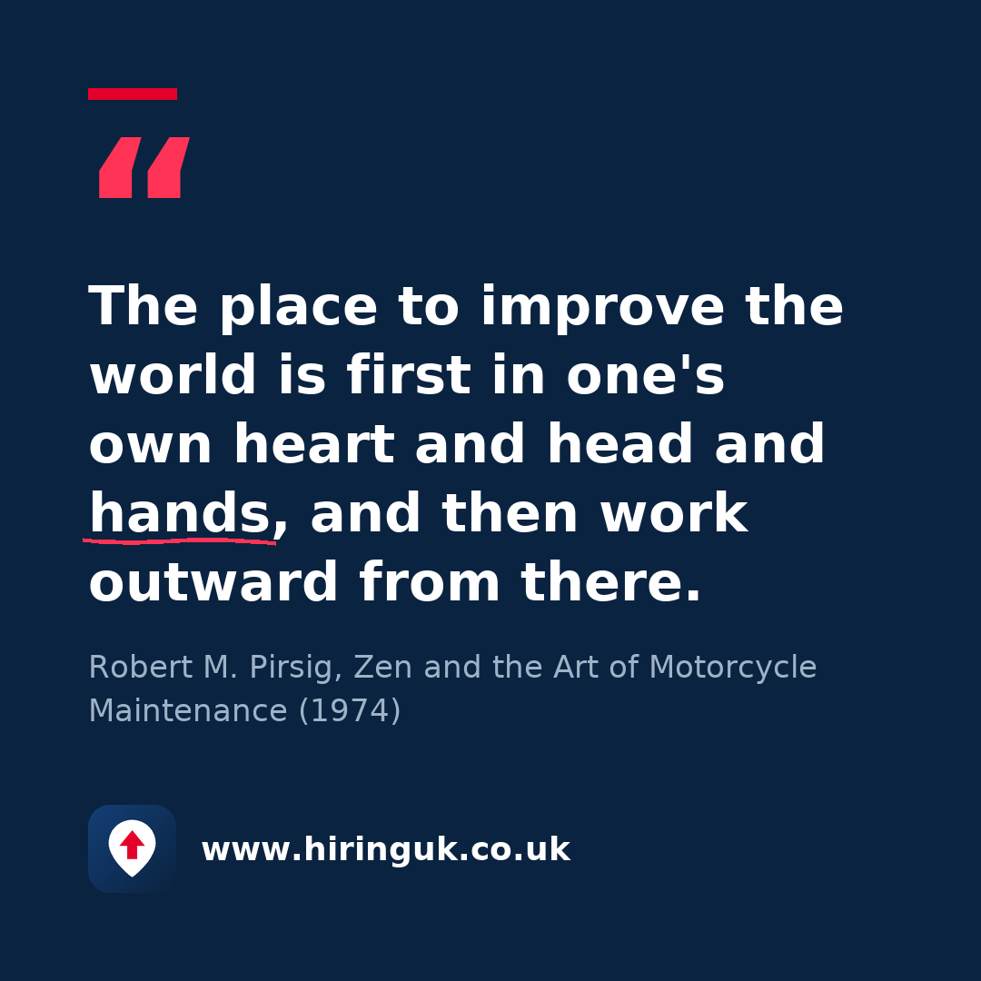Quote card: The place to improve the world is first in one's own heart and head and hands, and then work outward from there.