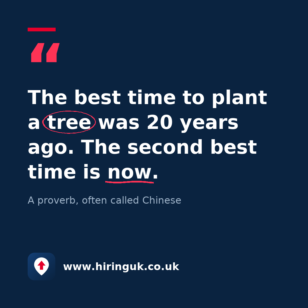 Quote card: The best time to plant a tree was 20 years ago. The second best time is now.