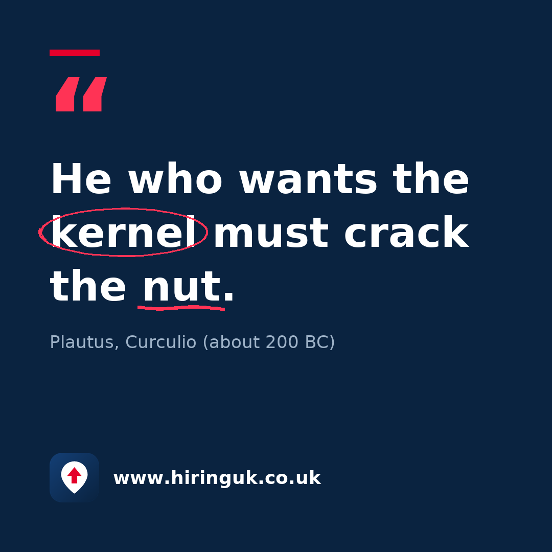 Quote card: He who wants the kernel must crack the nut.