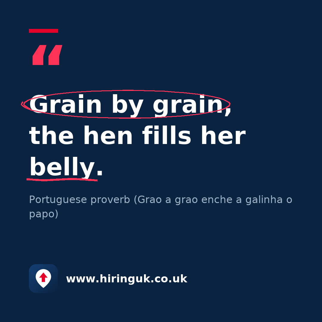 Quote card: Grain by grain, the hen fills her belly.