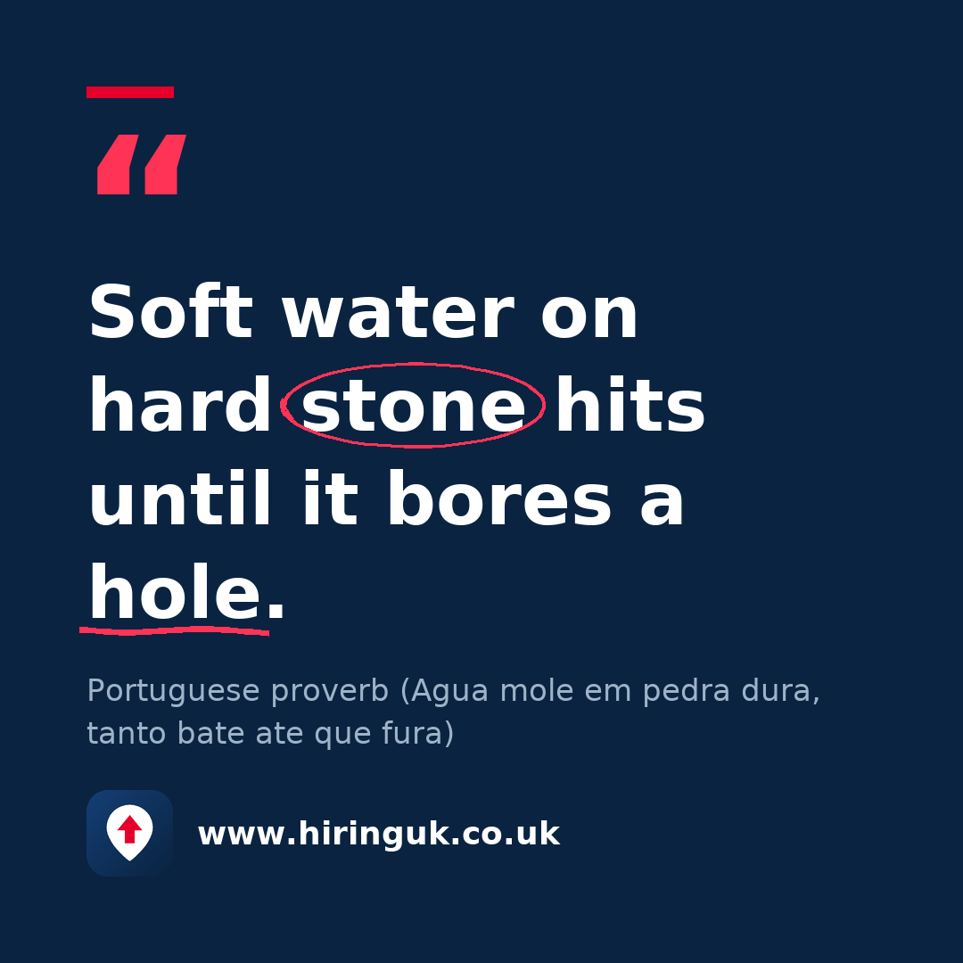 Quote card: Soft water on hard stone hits until it bores a hole.