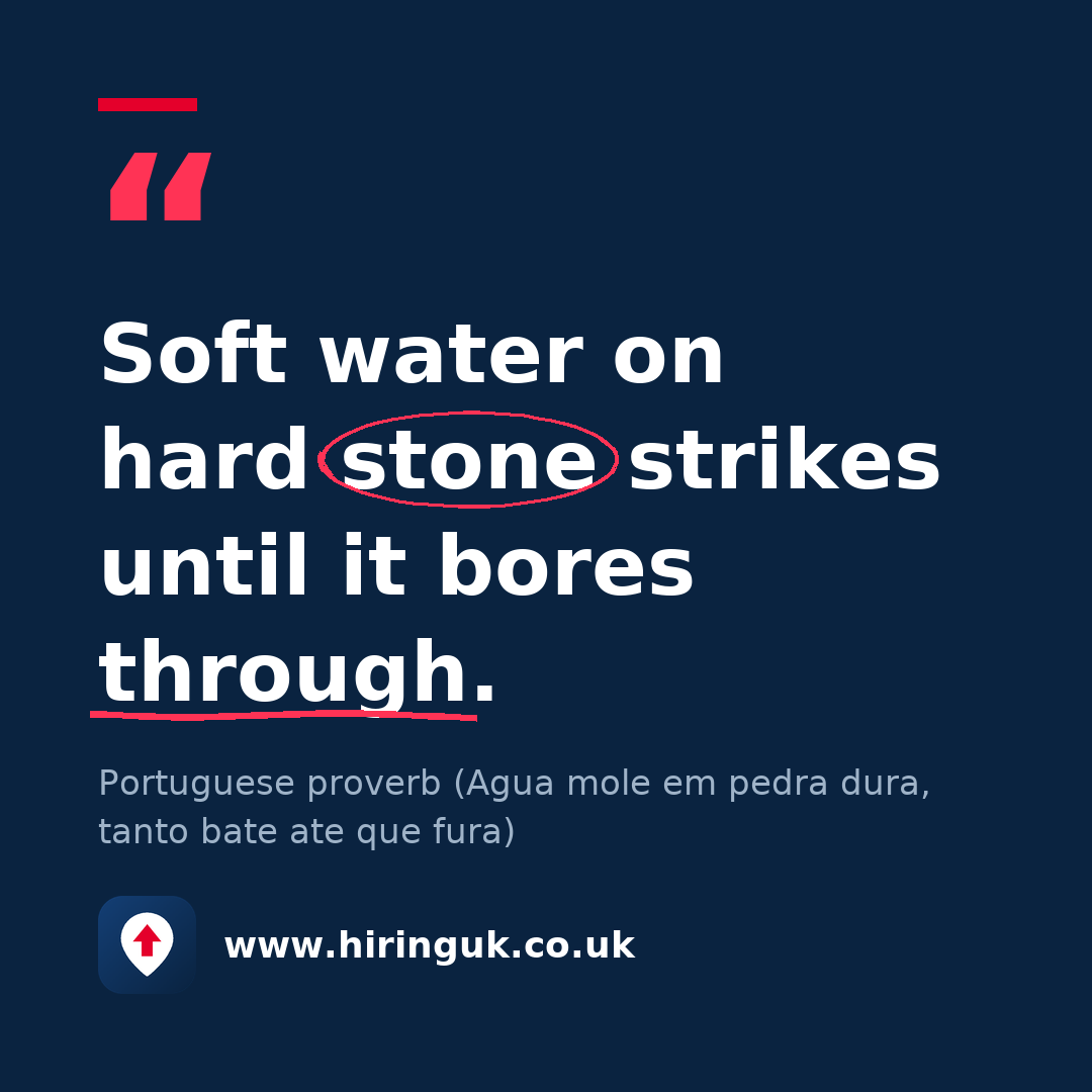 Quote card: Soft water on hard stone strikes until it bores through.