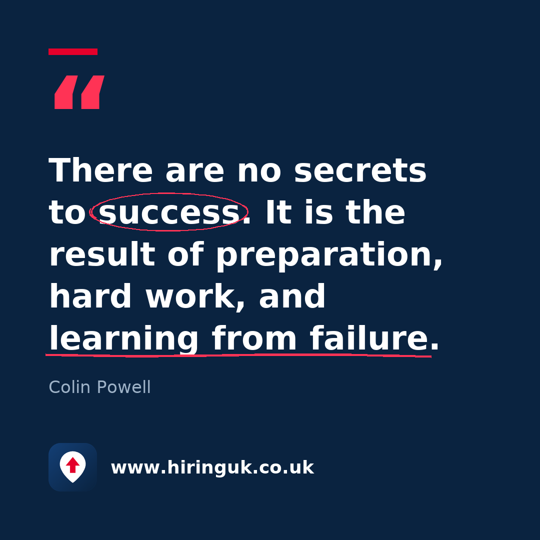 Quote card: There are no secrets to success. It is the result of preparation, hard work, and learning from failure.