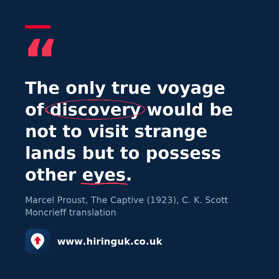 Quote card: The only true voyage of discovery would be not to visit strange lands but to possess other eyes.