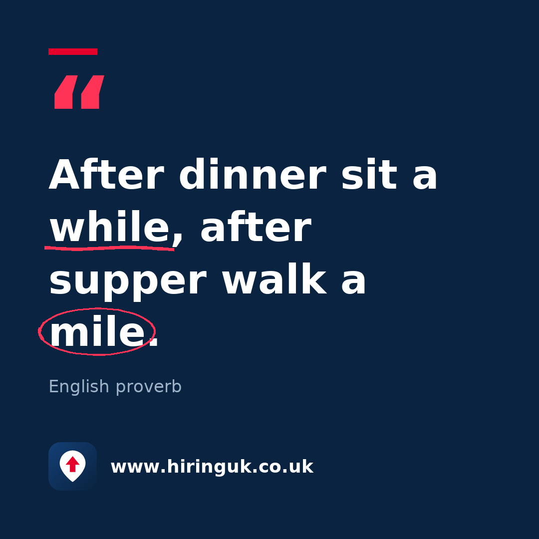 Quote card: After dinner sit a while, after supper walk a mile.