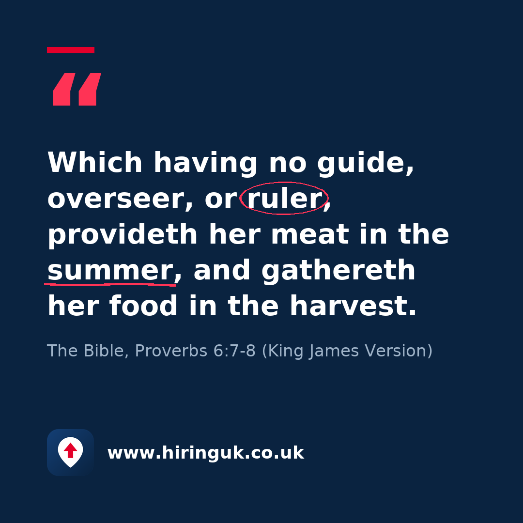 Quote card: Which having no guide, overseer, or ruler, provideth her meat in the summer, and gathereth her food in the harvest.