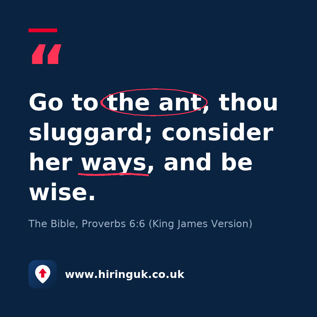 Quote card: Go to the ant, thou sluggard; consider her ways, and be wise.