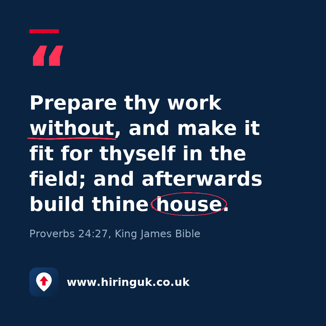 Quote card: Prepare thy work without, and make it fit for thyself in the field; and afterwards build thine house.