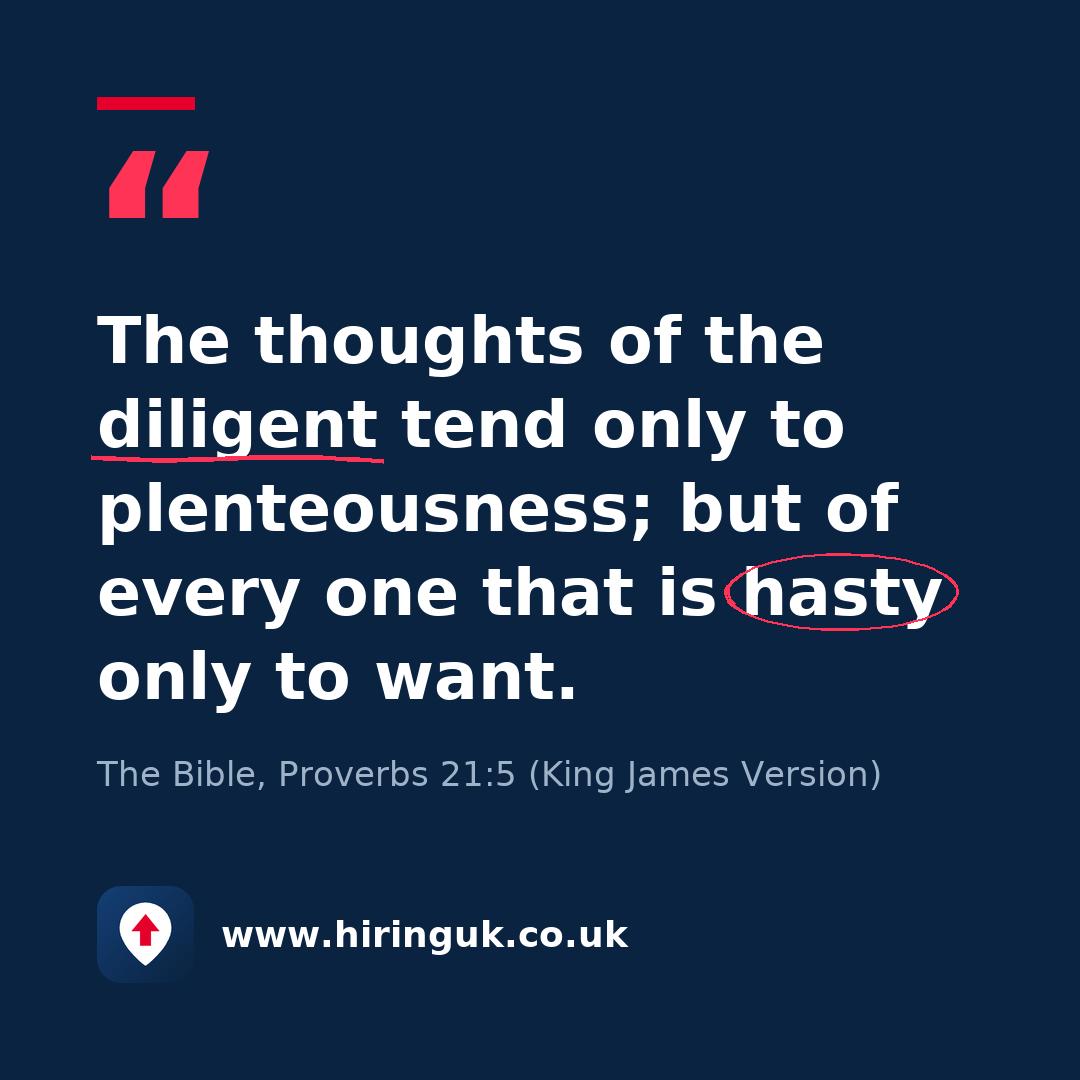 Quote card: The thoughts of the diligent tend only to plenteousness; but of every one that is hasty only to want.