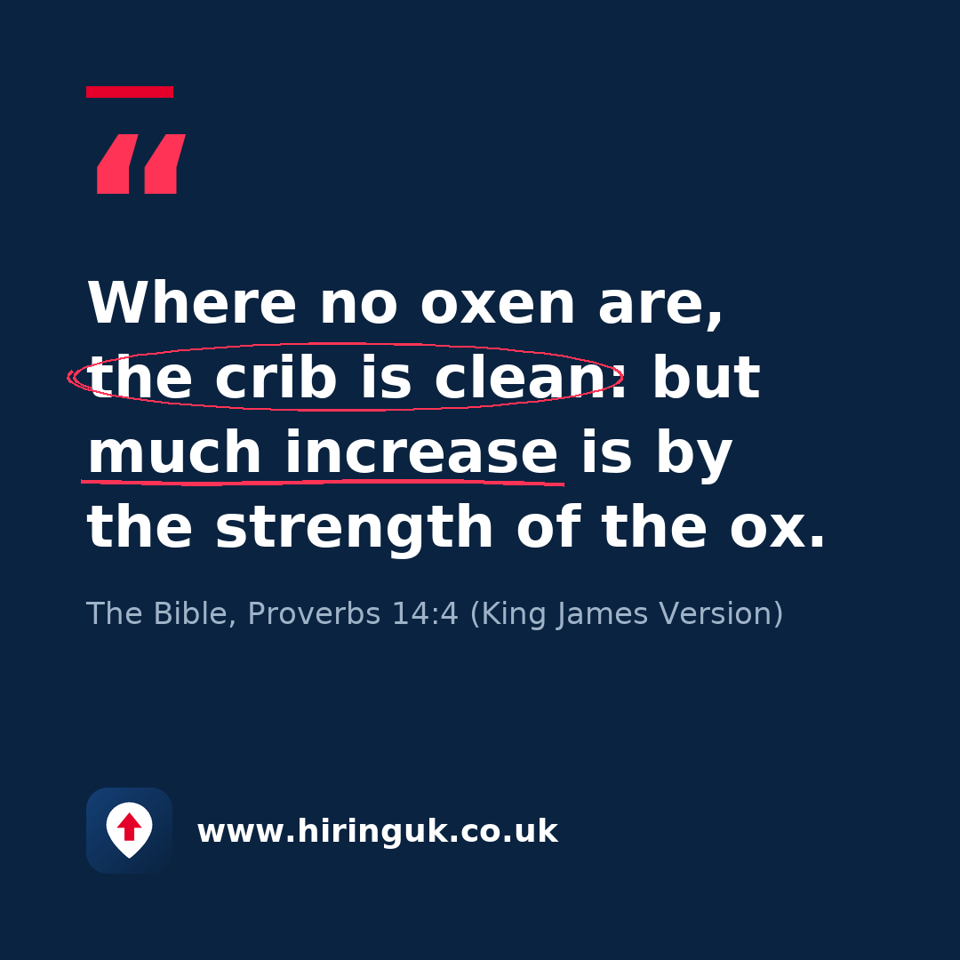 Quote card: Where no oxen are, the crib is clean: but much increase is by the strength of the ox.