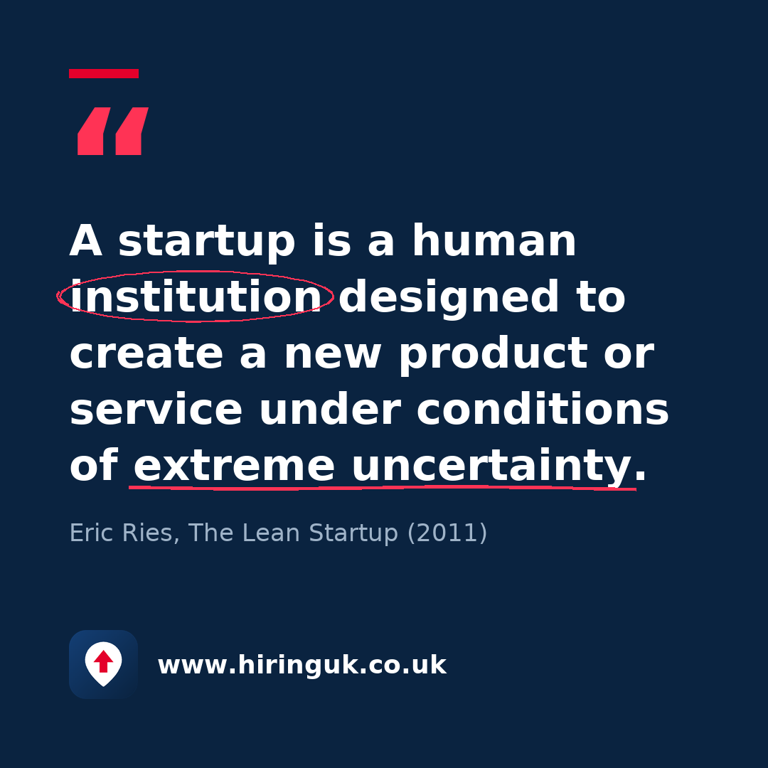 Quote card: A startup is a human institution designed to create a new product or service under conditions of extreme uncertainty.