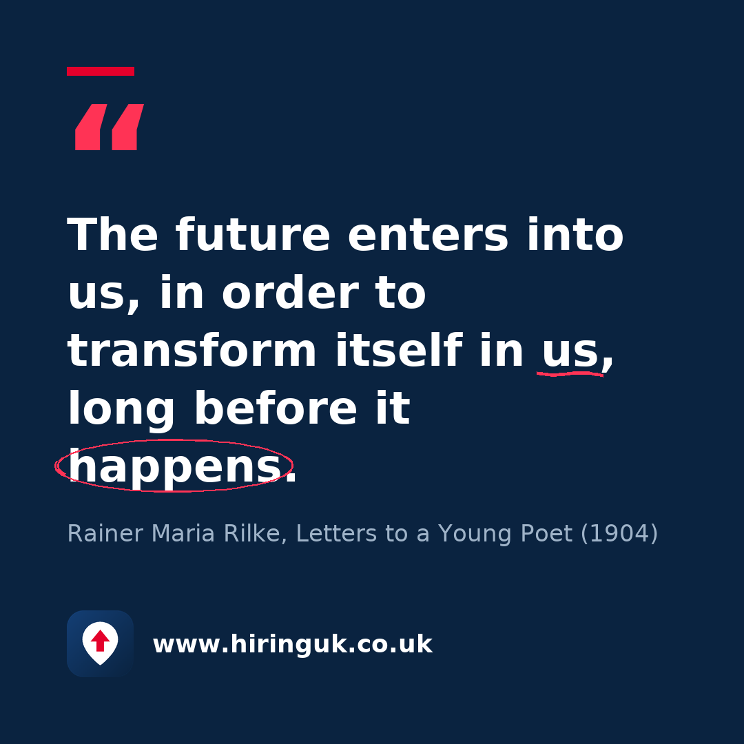 Quote card: The future enters into us, in order to transform itself in us, long before it happens.